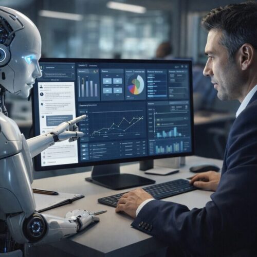 Um homem e um robo conversando sobre A IA para empresas